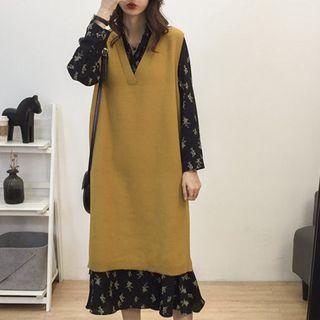 Floral Print Long-sleeve A-line Midi Dress / Knit Pinafore Dress / Set