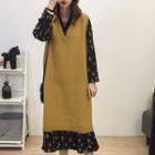 Floral Print Long-sleeve A-line Midi Dress / Knit Pinafore Dress / Set