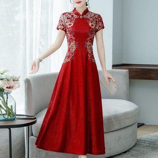Traditional Chinese Short-sleeve Embroidered Evening Dress