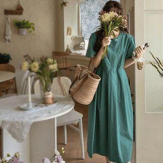 Hidden-button Pleated Long Dress