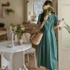 Hidden-button Pleated Long Dress