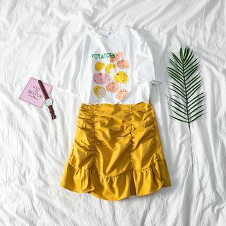 Set: Print Short-sleeve T-shirt + Ruffled Plain Skirt