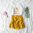 Set: Print Short-sleeve T-shirt + Ruffled Plain Skirt
