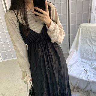 Long-sleeve Ribbed T-shirt / Spaghetti Strap Midi Shift Dress