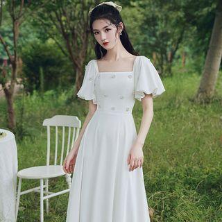 Short-sleeve Faux Pearl Maxi A-line Cocktail Dress