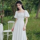 Short-sleeve Faux Pearl Maxi A-line Cocktail Dress