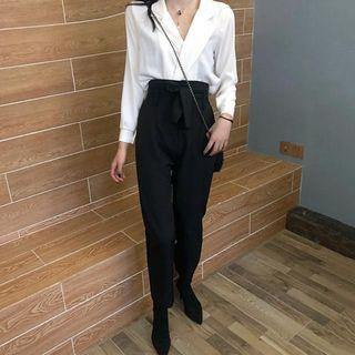 Set: Long-sleeve Plain Shirt + High-waist Plain Pants
