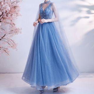 Set: Sleeveless Mesh A-line Evening Gown + Cape