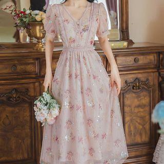 Puff-sleeve Floral Print Sequined Midi A-line Dress