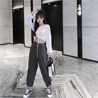 Drawstring Hem Cropped Top / Elastic Waist Cargo Pants