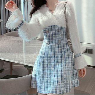 Double-breasted Plaid Flared-cuff A-line Dress