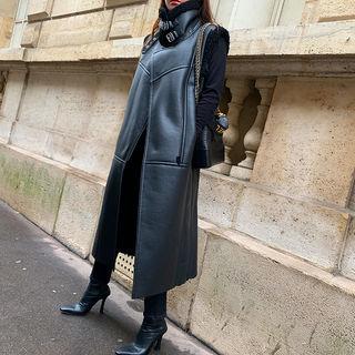 Funnel-neck Faux-shearling Long Vest Black - One Size