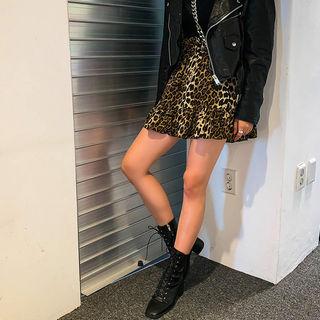 Band-waist Leopard Skirt Beige - One Size