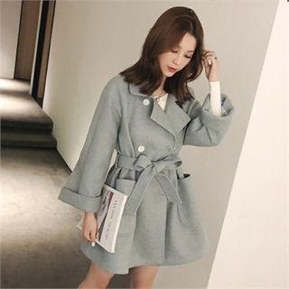Double-breasted Fleece Coat With Sash