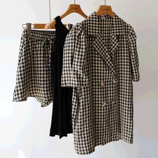 Set: Short-sleeve Gingham Blazer + Band-waist Shorts Black - One Size