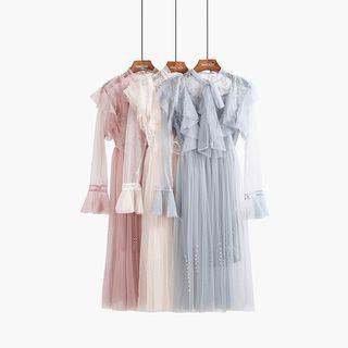 Faux-pearl Ruffled Mesh A-line Dress