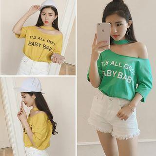 Lettering Off-shoulder Elbow-sleeve T-shirt