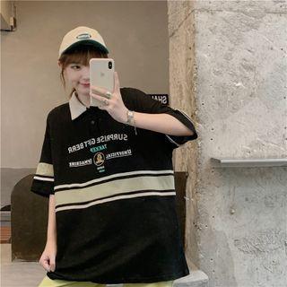 Elbow-sleeve Collared Color Lettering Print Shirt