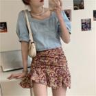 Short-sleeve Denim Blouse / Floral Print Mini A-line Skirt
