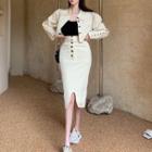 Lantern-sleeve Crop Shirt / Midi Pencil Skirt