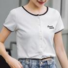 Short-sleeve Lettering Embroidered Button-up T-shirt