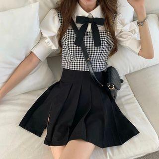 Short-sleeve Blouse / Plaid Vest / Mini A-line Skort