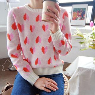 Round-neck Heart Patterned Knit Top