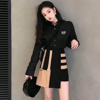 Embroidered Long-sleeve Shirt / Colorblock Asymmetric Mini Skirt