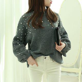 Faux Pearl-trim Balloon-sleeve Knit Top