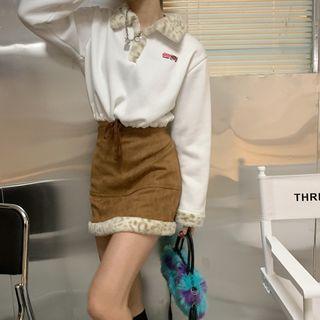 Long-sleeve Leopard Print Panel T-shirt / Mini A-line Skirt