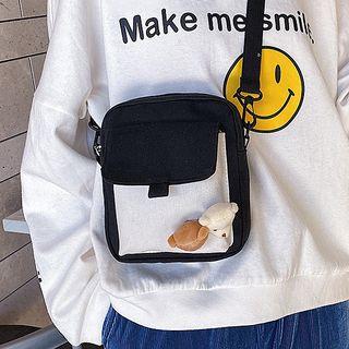 Bear Brooch Color Panel Canvas Crossbody Bag