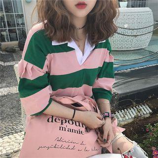 Lantern-sleeve Striped Polo Shirt