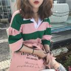 Lantern-sleeve Striped Polo Shirt