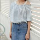 Striped Cut Out Shoulder Elbow Sleeve T-shirt