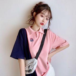 Elbow-sleeve Embroidered Two-tone Polo Shirt