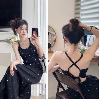 Spaghetti Strap Open-back Dotted Dress Black - One Size