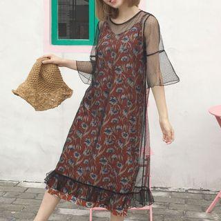Set: Mesh Elbow-sleeve Top + Floral Print Spaghetti Strap Dress