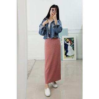 Petite Size Deep-slit Maxi Knit Skirt
