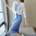 Set: Knit Tank Dress + 3/4-sleeve Tie Front Cardigan Tank Dress - Light Blue - One Size / Cardigan - White - One Size