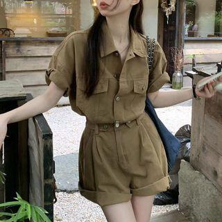 Short-sleeve Shirt Romper Khaki - One Size