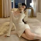 Lace Trim Knit Mini Sheath Dress White - One Size