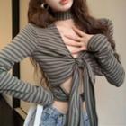 Choker-neck Long-sleeve Striped Cutout Crop T-shirt
