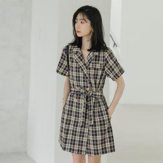 Short-sleeve Double Breasted Plaid Romper