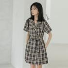 Short-sleeve Double Breasted Plaid Romper