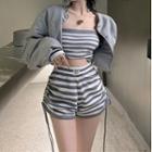 Strapless Striped Top / Shorts / Snap-button Jacket / Set