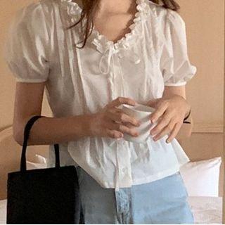Puff-sleeve Ruffled Blouse Milky White - One Size