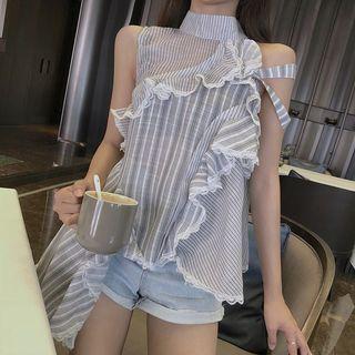 Striped Ruffled Sleeveless Blouse