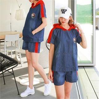 Set: Hooded Contrast-trim Denim Top + Sweat Shorts
