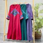 Long-sleeve V-neck Embroidered Maxi A-line Dress