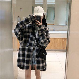 Long-sleeve Plaid Shirt Blue & Black & White - One Size